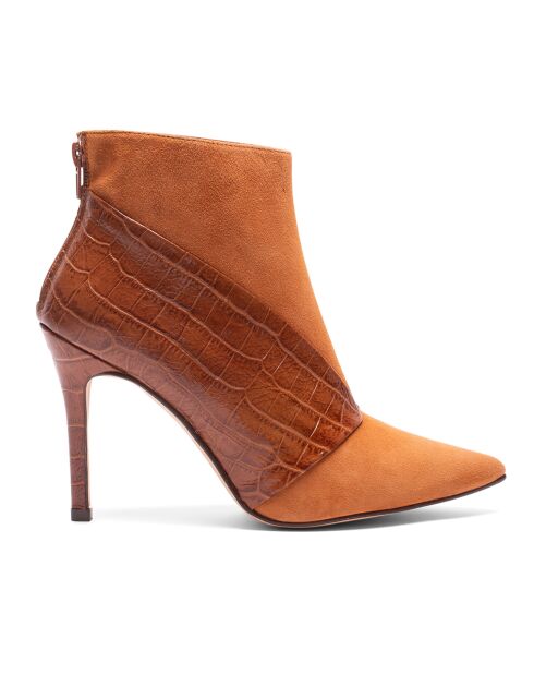 Bottines en Cuir et Velours de Cuir Flavia cognac - Talon 8 cm