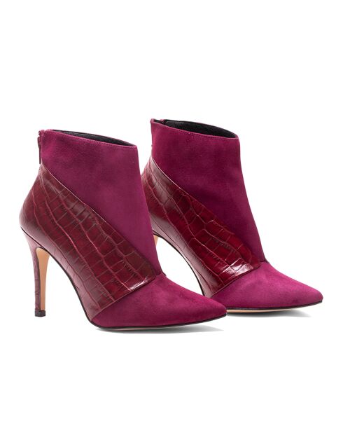 Bottines en Cuir et Velours de Cuir Flavia bordeaux - Talon 8 cm