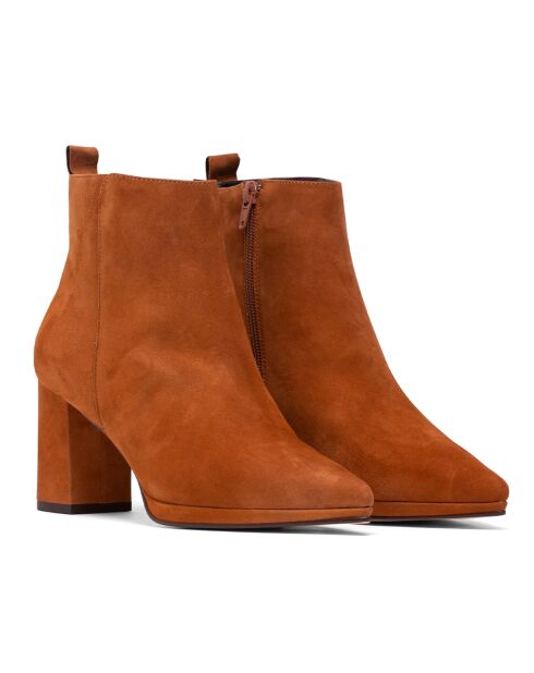 Bottines en Velours de Cuir Begoña cognac - Talon 6.5 cm