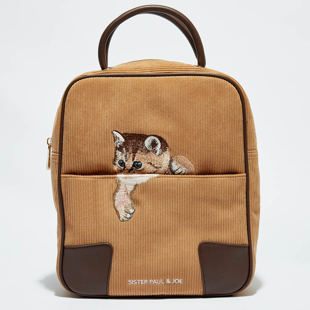 Sac à dos en Velours côtelé Mayssa Chat brodé camel - 30x12x35 cm