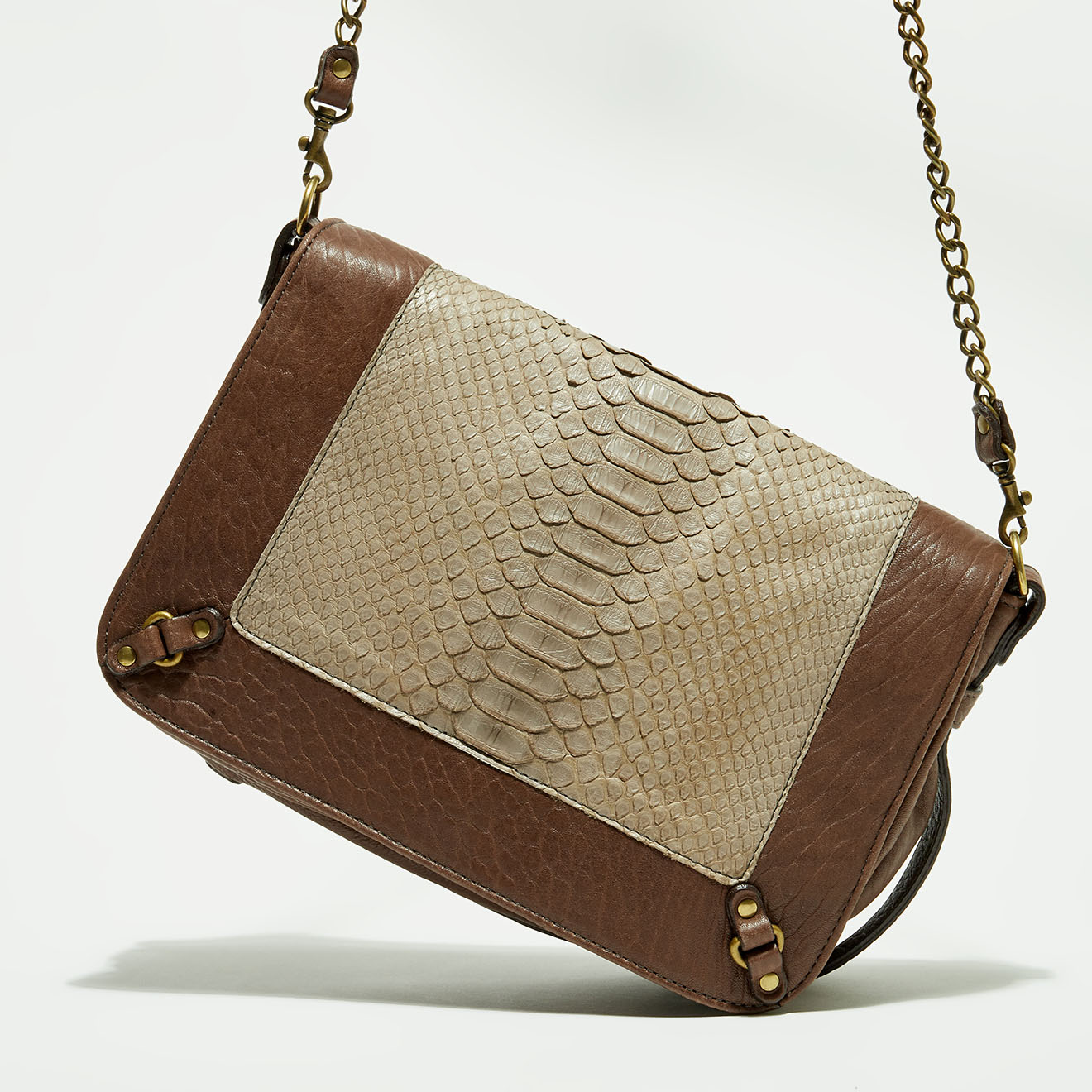 Sac bandoulière en Cuir d'Agneau & Python Seren praline/éléphant - 25x11x16.5 cm