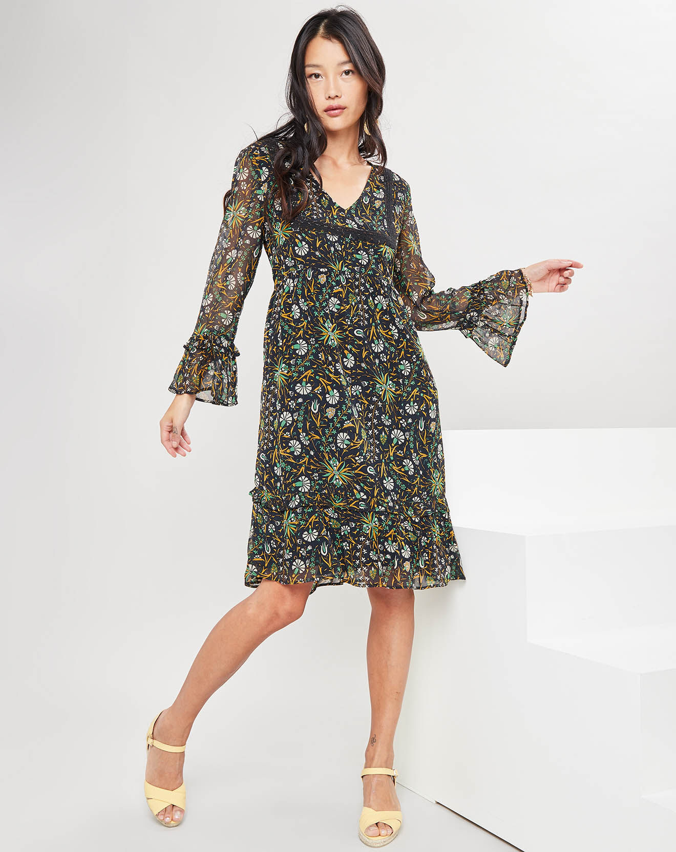 Robe Flore noir/jaune/émeraude