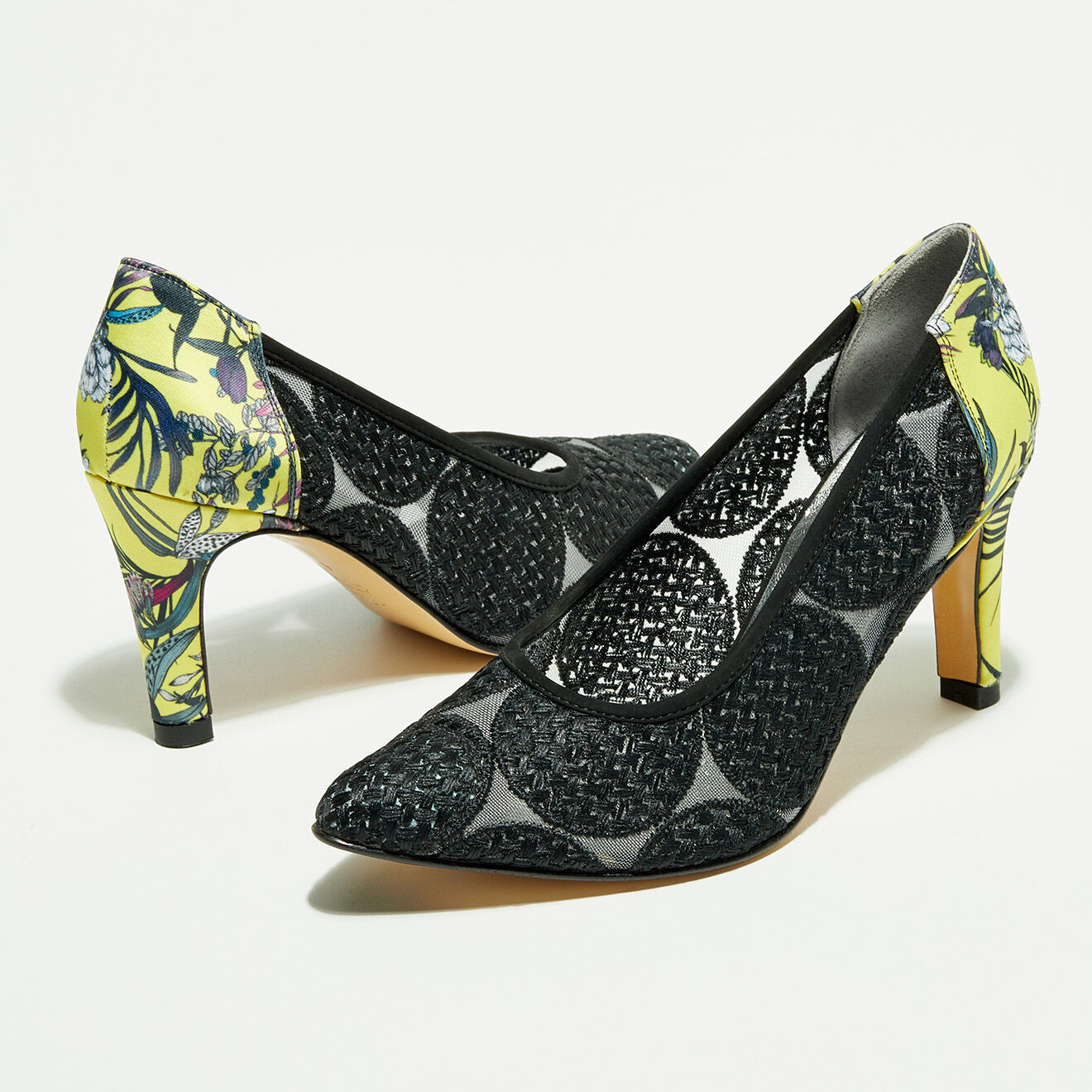 Escarpins en Cuir Vernis & Résilles Jao jaune/noir - Talon 7 cm