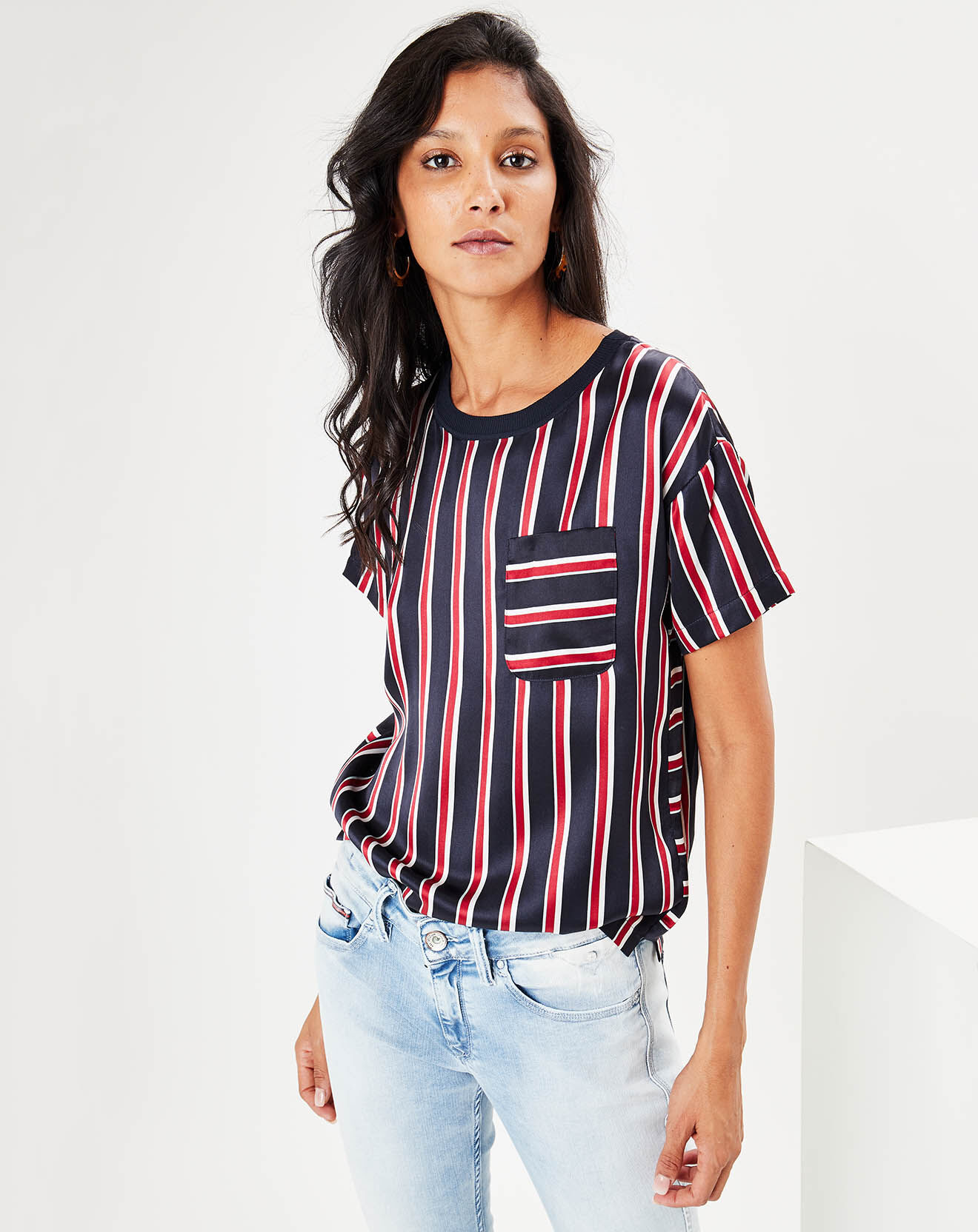 Blouse 100% Soie à rayures Mara bleu nuit/rouge/blanc