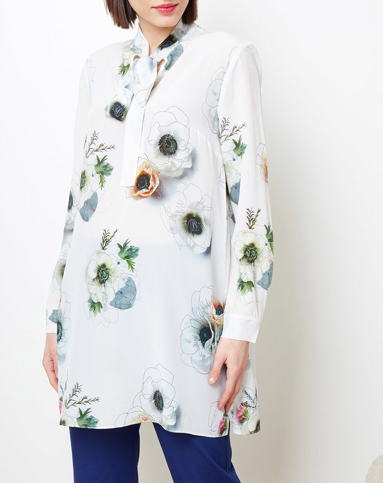 Tunique 100% Soie imprimée floral écru/multicolore