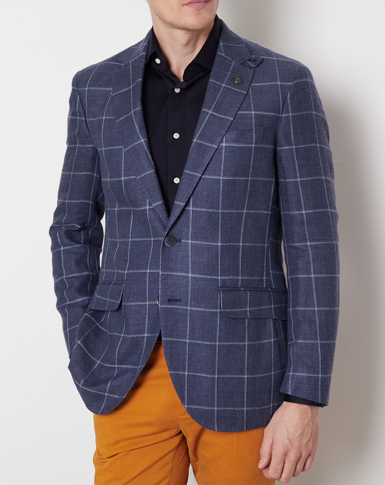 Veste en Soie & Lin à carreaux bleu marine