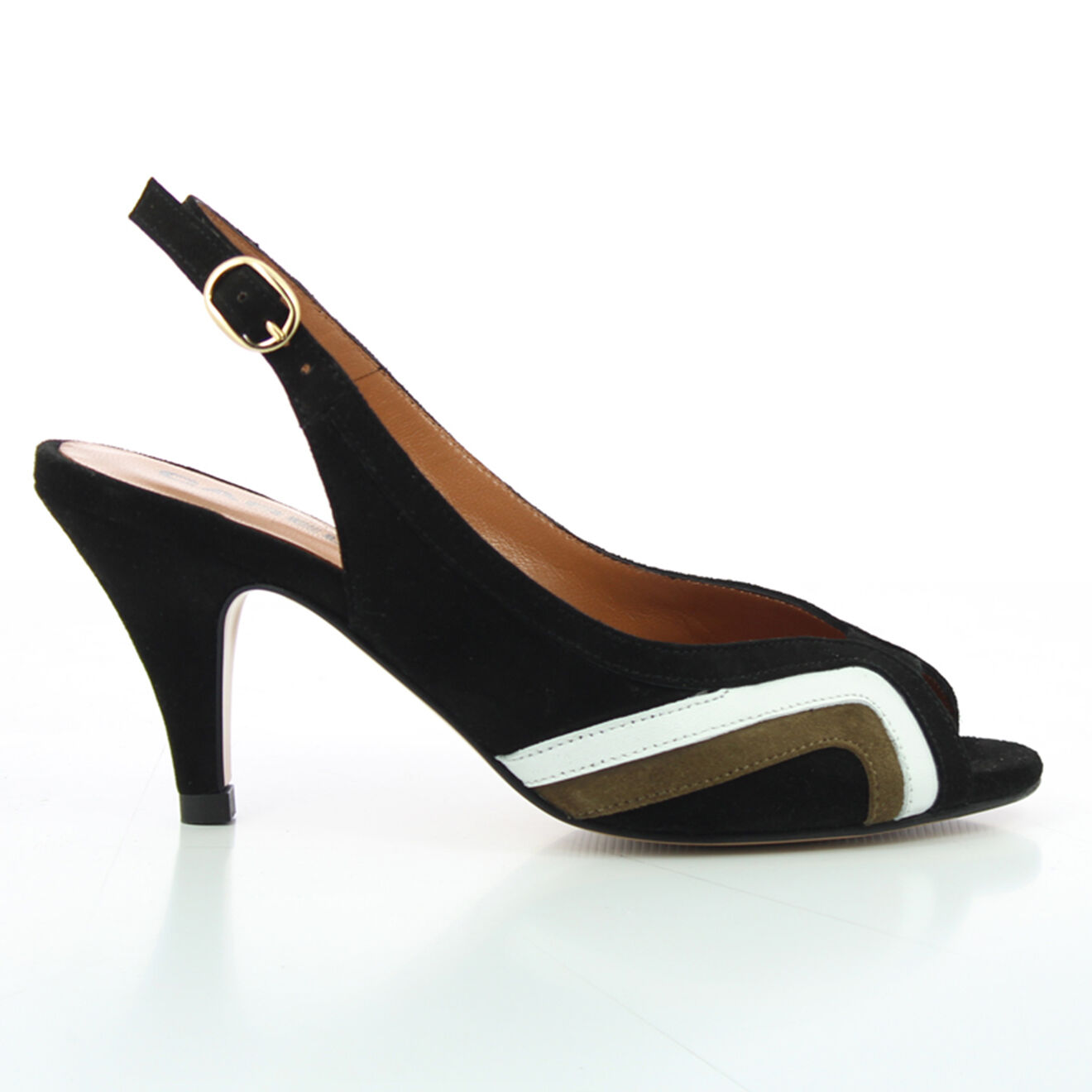 Sling Back en Velours de Cuir Paula kaki/blanc Talon 5 cm