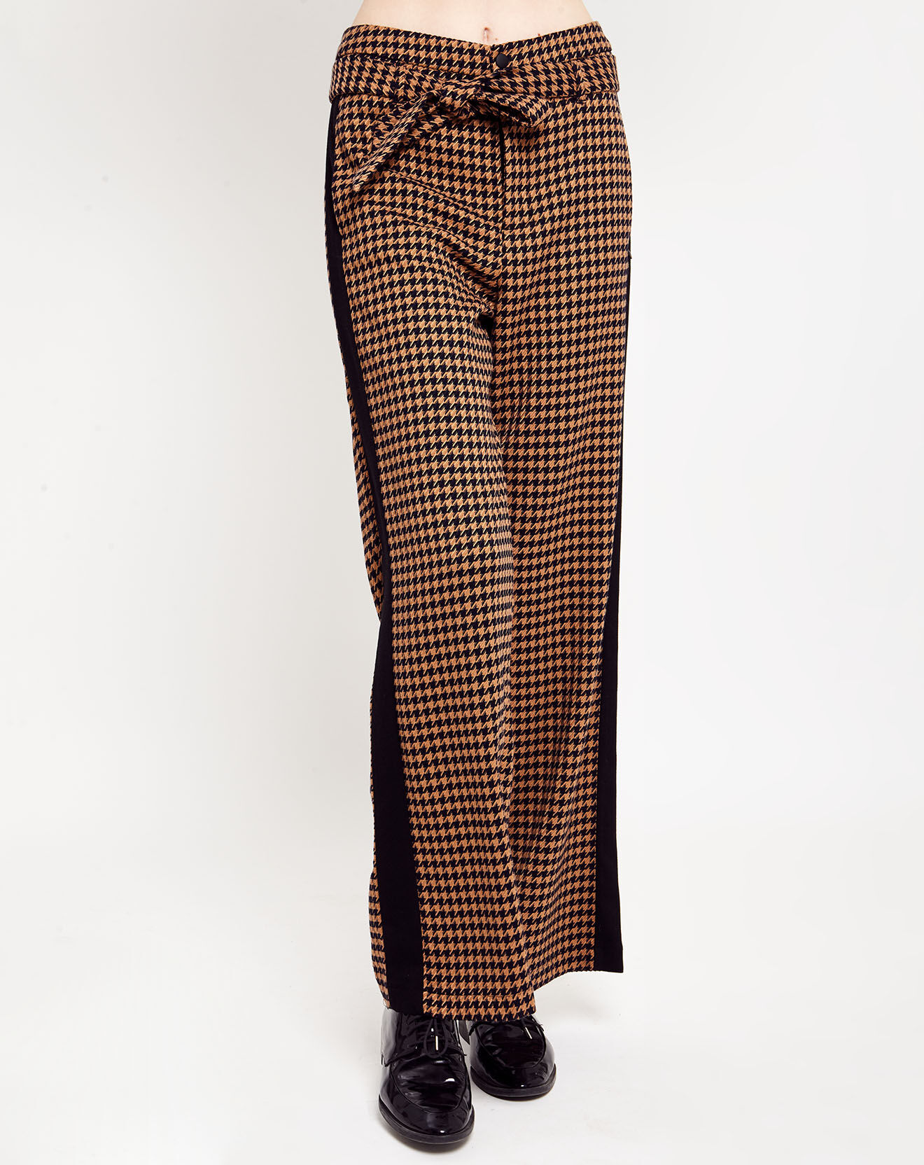 Pantalon large imprimé pied-de-poule noir/marron