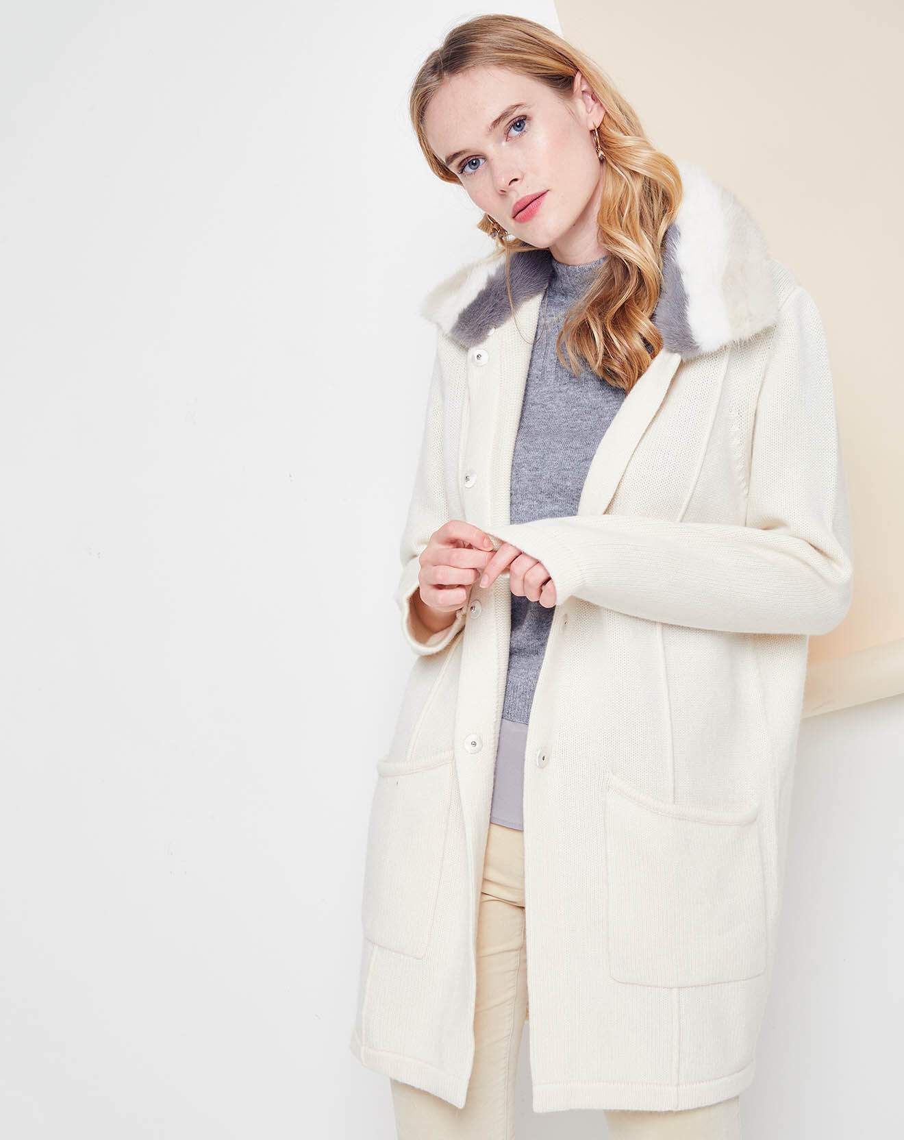 Gilet long en Laine & Cachemire Fourrure Vison Rolls blanc