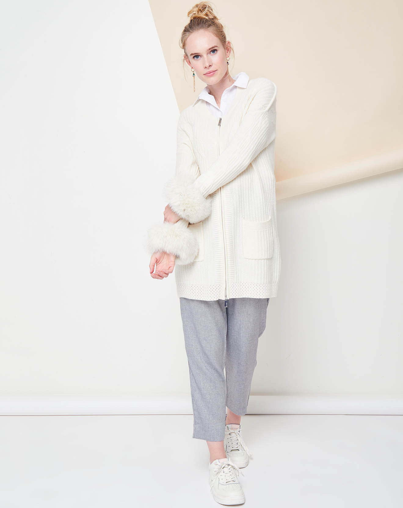 Gilet en Laine & Cachemire Fourrure Renard Papillon blanc