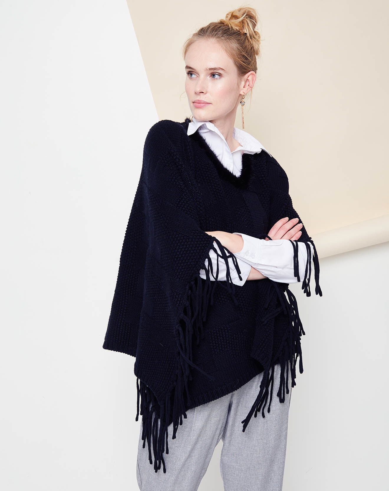 Poncho en Laine Mérinos Cachemire & col Fourrure Vison Lilly noir