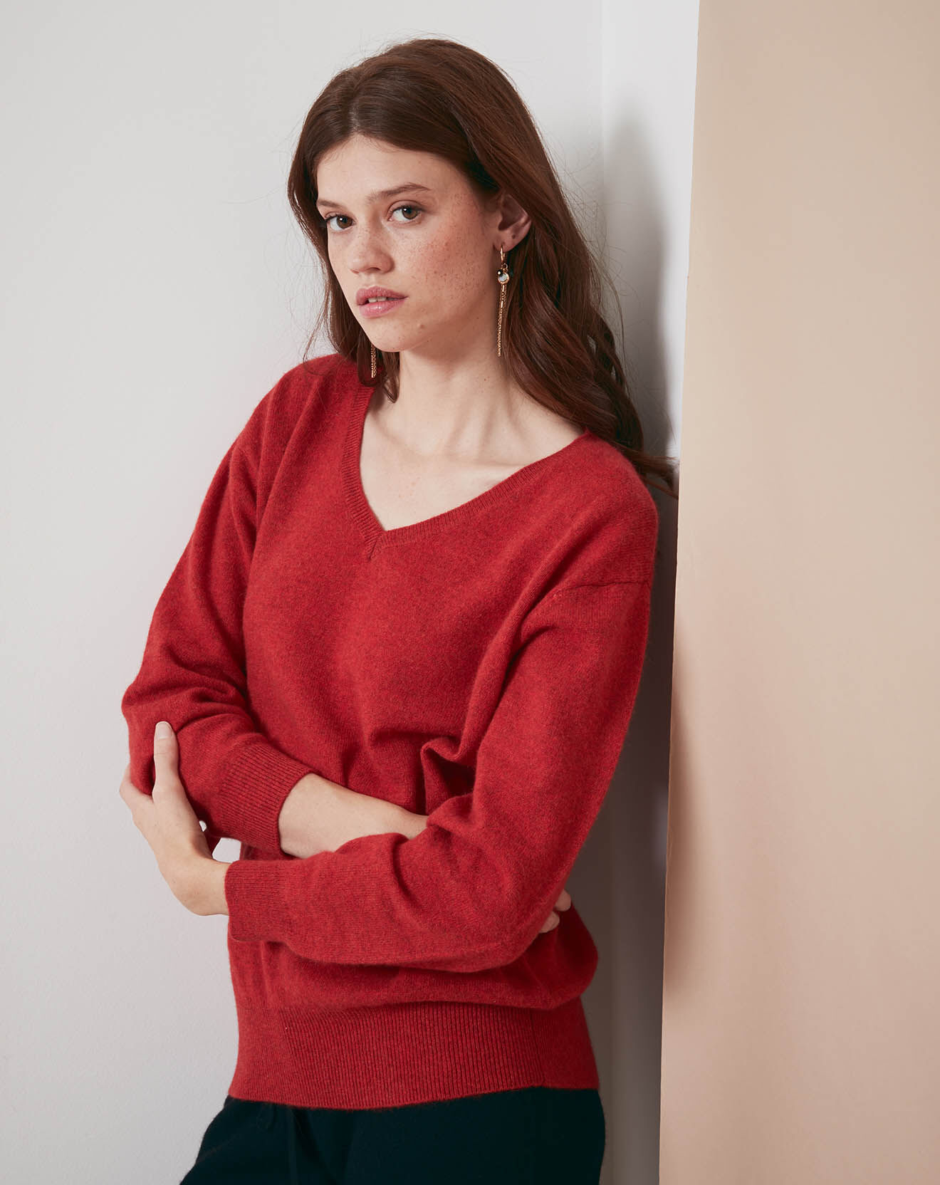 Pull 100% Cachemire col V profond brique