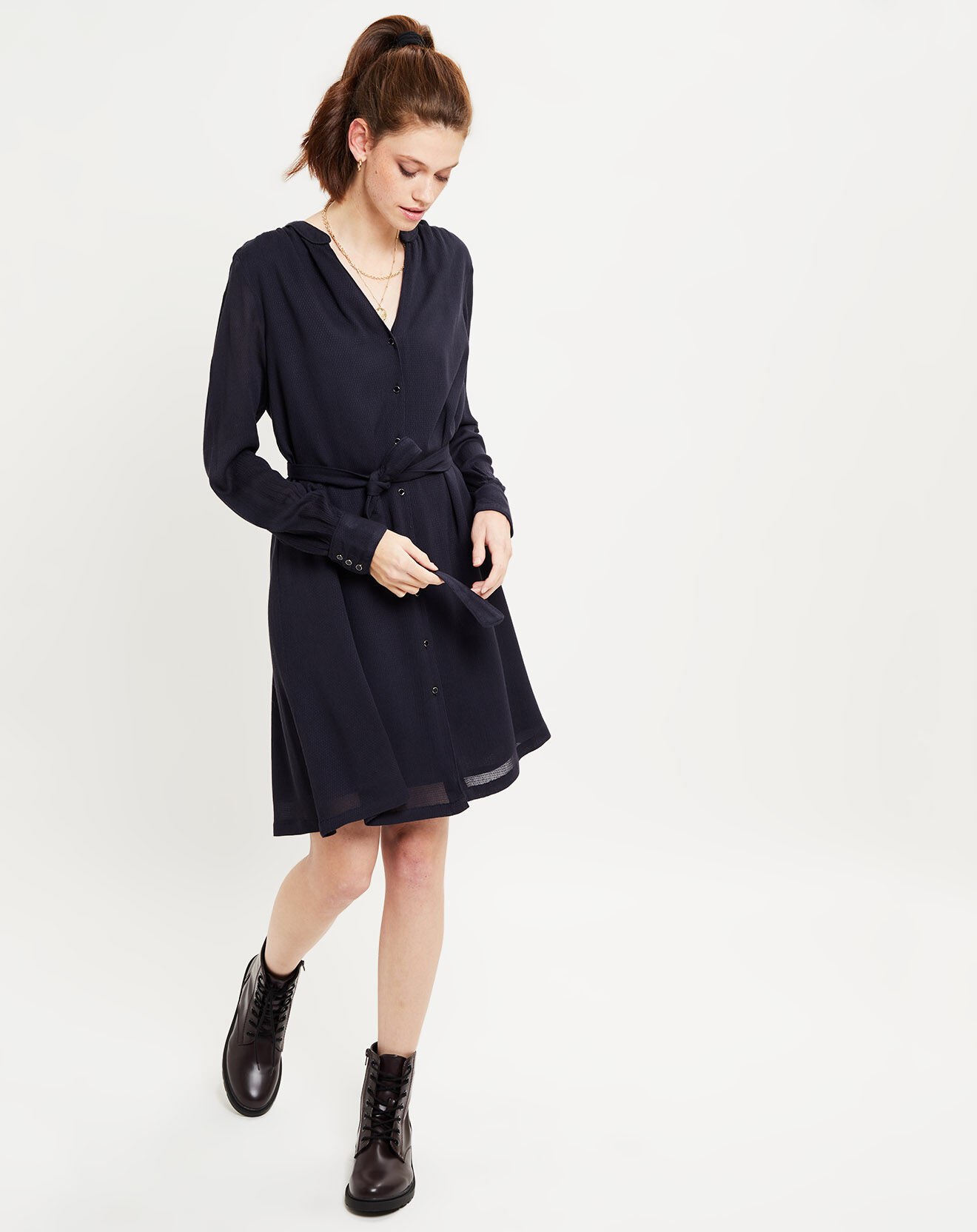 Robe ceinture boutons devant bleu marine