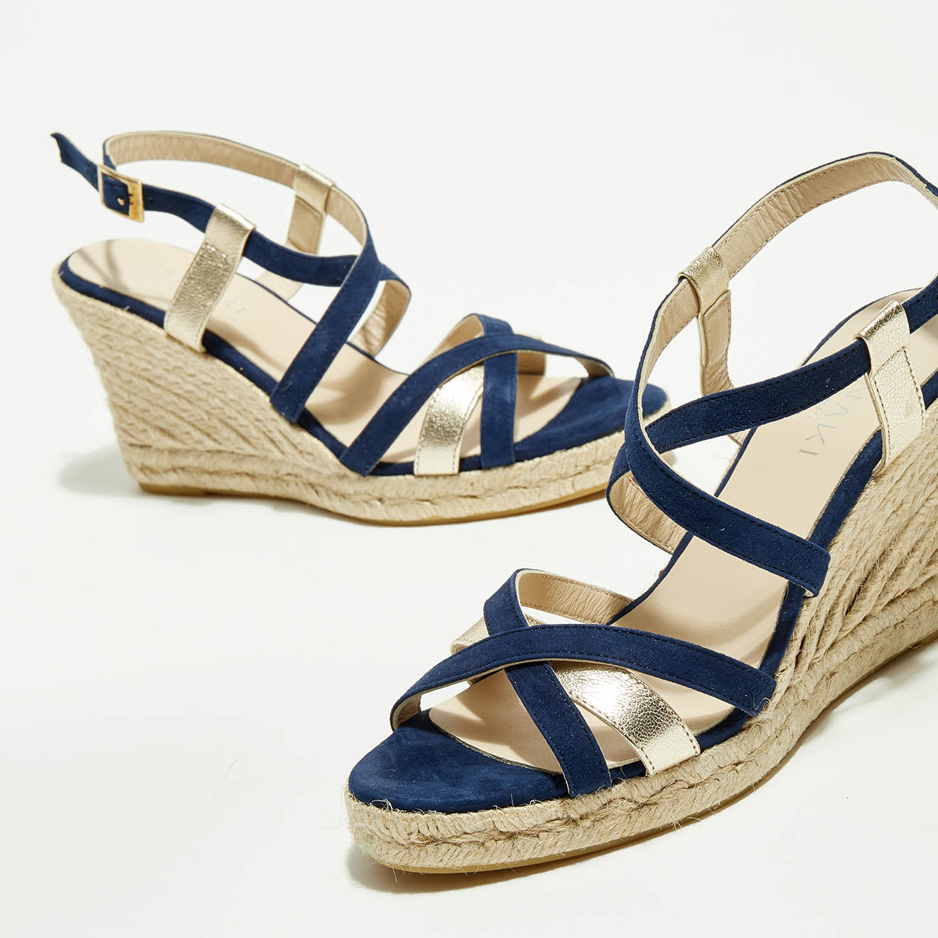 Sandales compensées en Velours de Cuir Anette marine - Talon 7 cm