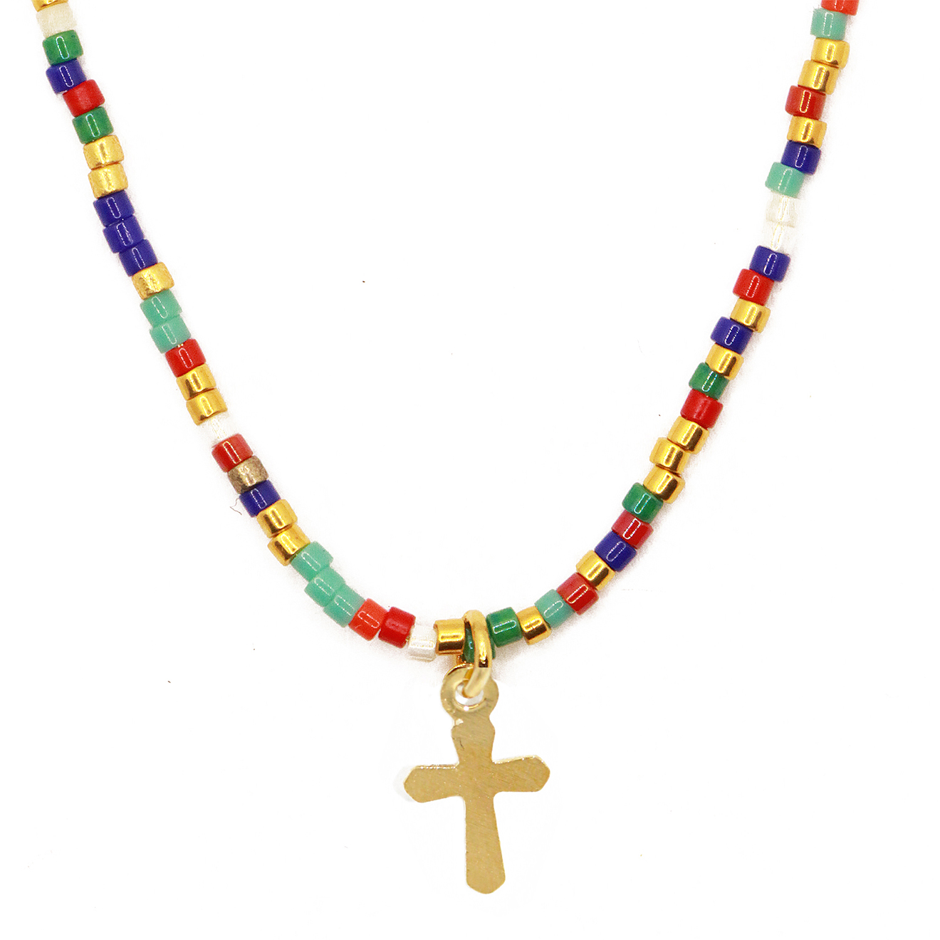 nilaï paris - collier new summer croix en laiton doré & perles miyuki multicolores