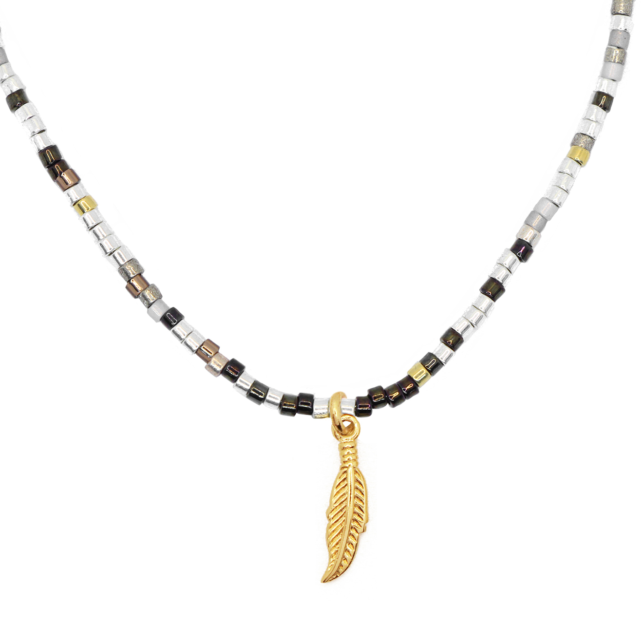 nilaï paris - collier plume en laiton doré & perles miyuki argentées