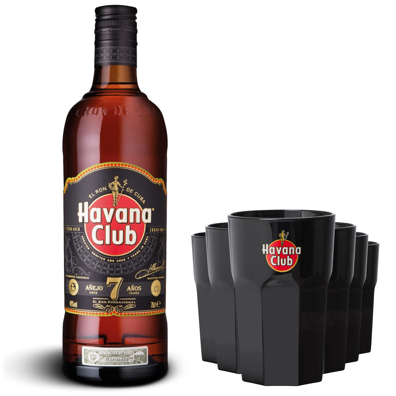 1 Lot 1 Havana Club 7 ans 40% 70cl + 6 verres Cubata