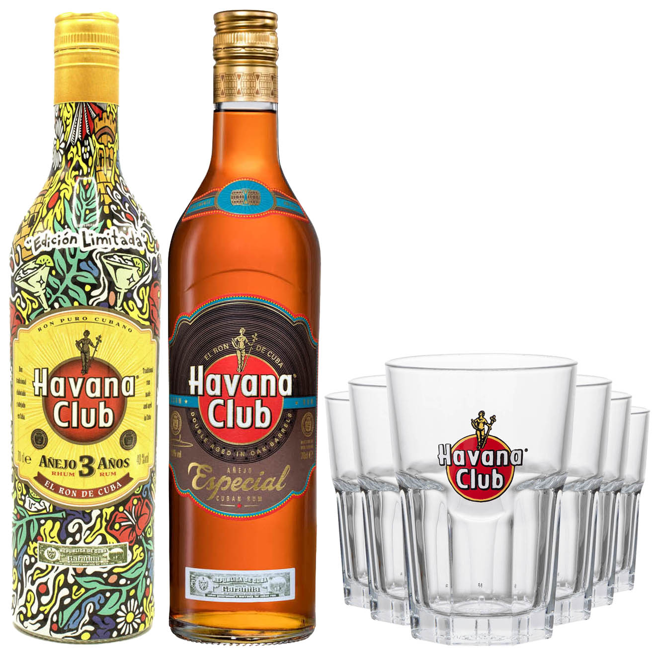 1 Lot 2 Havana Club : 3 ans Edition Bebar 40% 70cl + Añejo Especial 40% 70cl + 6 verres Havana