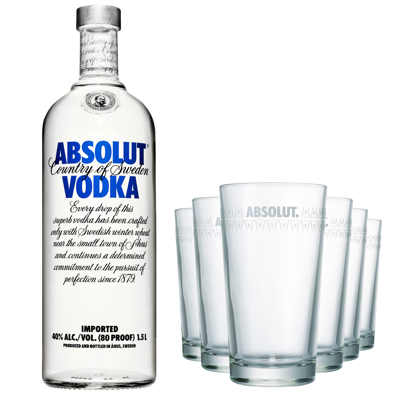 1 Lot 1 Magnum Absolut Vodka Blue 40% 1.5L + 6 verres Absolut