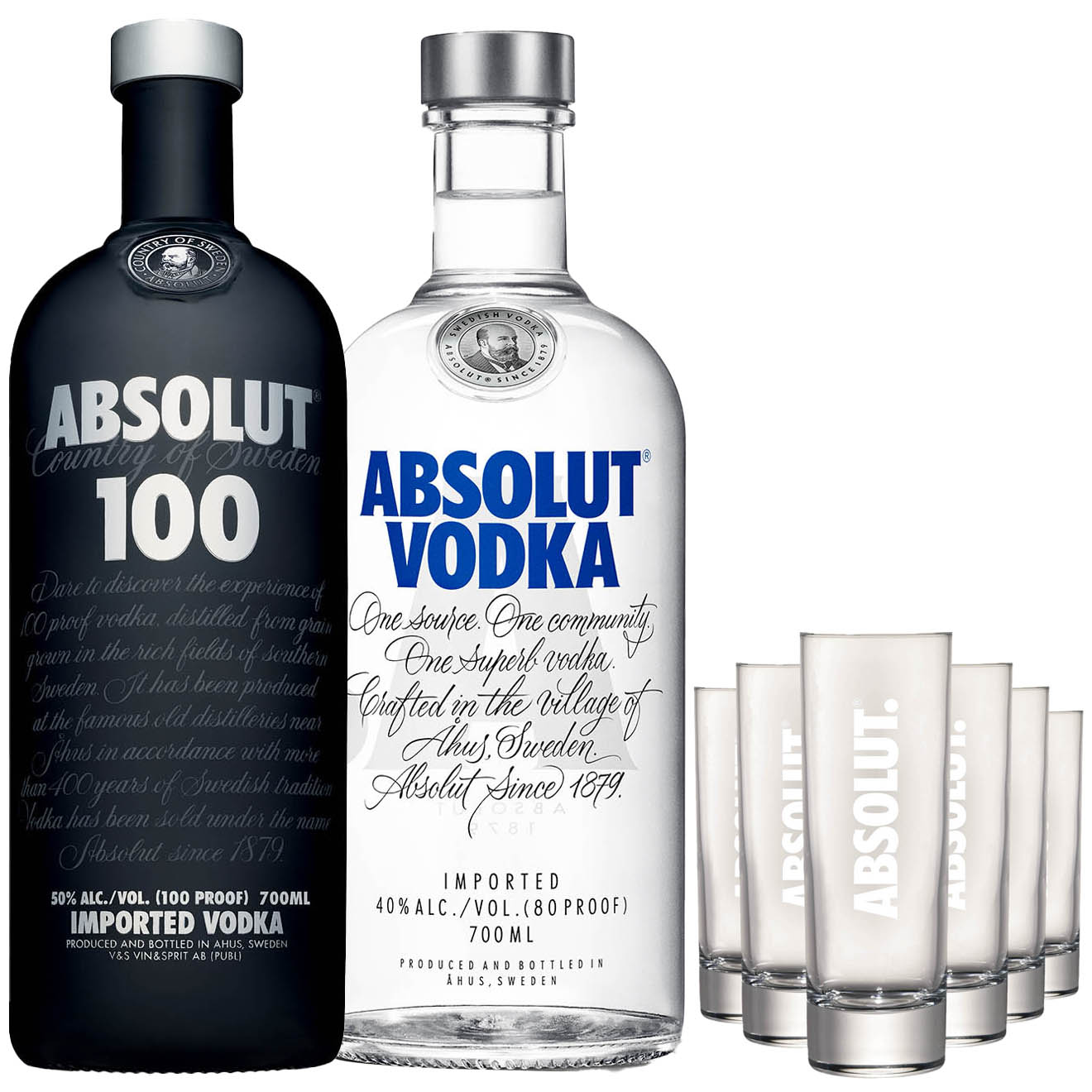 1 Lot 2 Absolut Vodka : Blue 40% 70cl + 100 50% 70cl + 6 verres Absolut Tubo