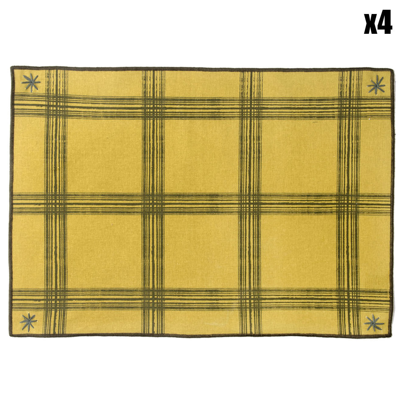 4 Sets de table en Coton Madras jaune/kaki - 50x35 cm