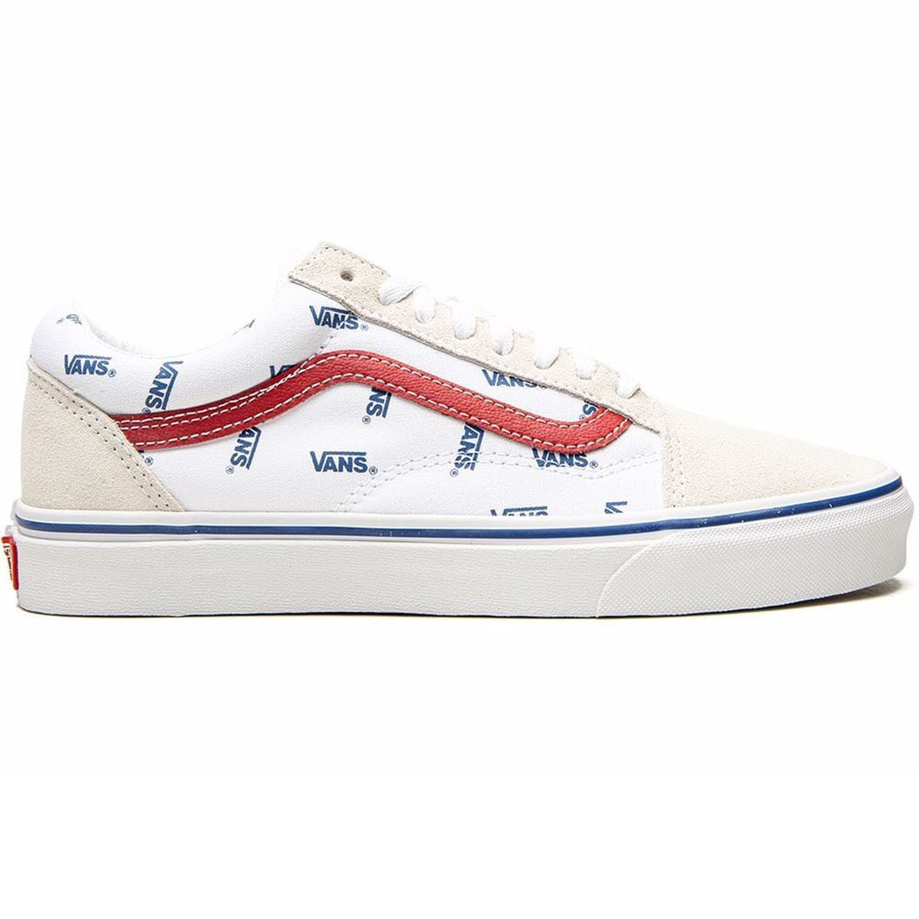 Vans - Sneakers en Velours de Cuir et Toile Old Skool Logo blanc/crème/bleu/rouge