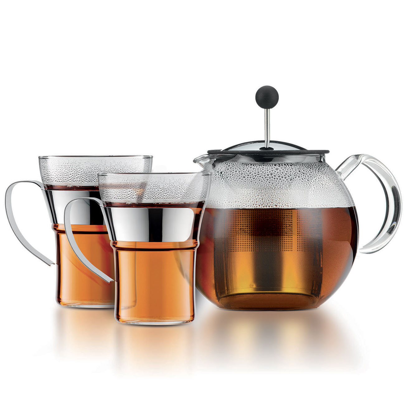 Bodum - Théière à piston couvercle et filtre avec 2 Tasses en verre Assam transparente - 1 L