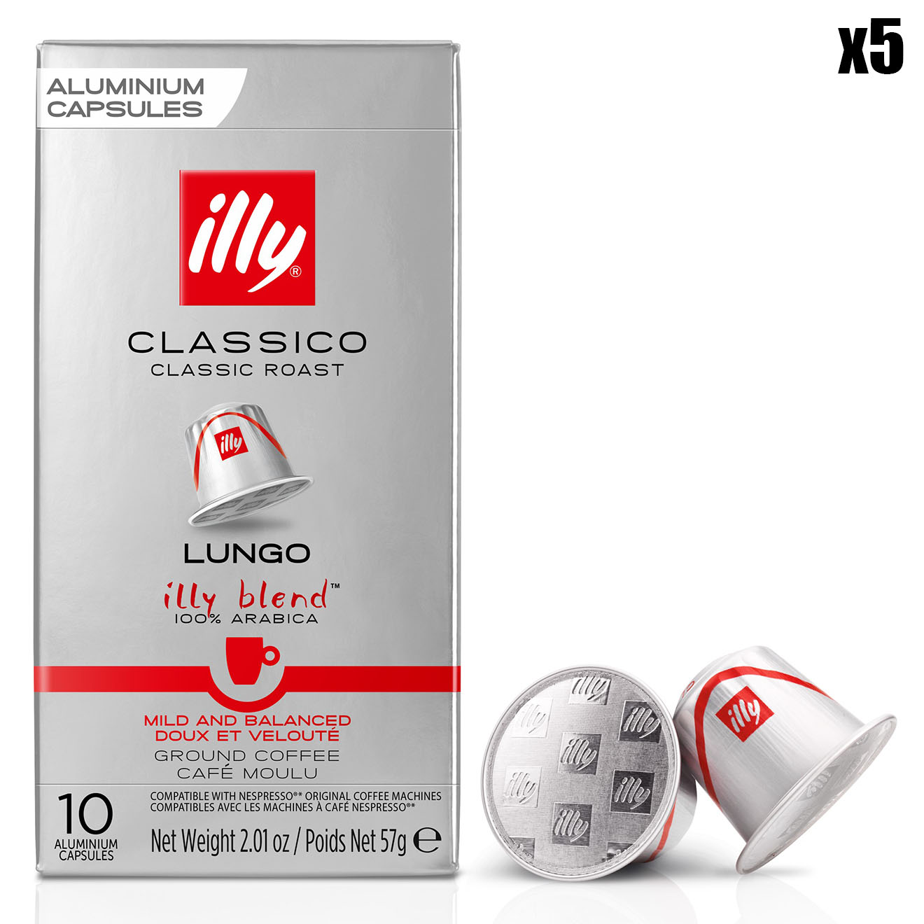 Illy - 5 Boîtes de 10 Capsules Compatibles Classico Lungo - 5x57 gr