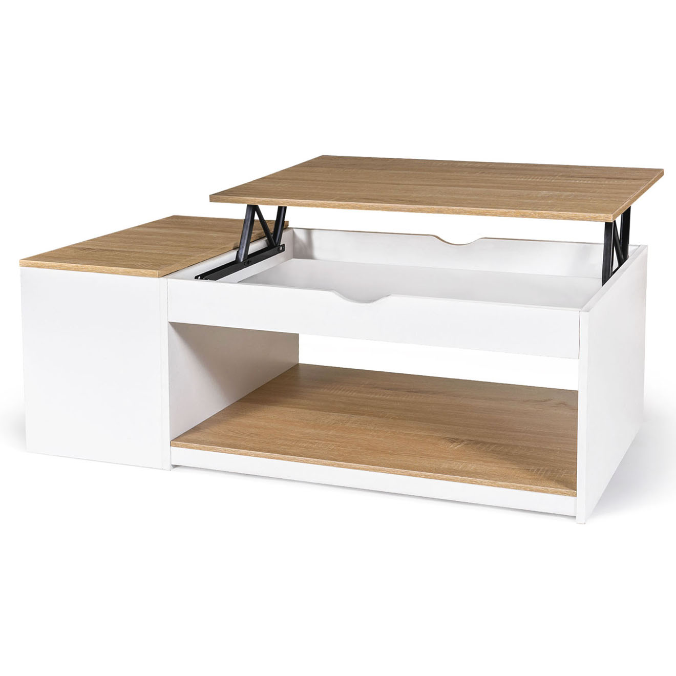 Idomya - Table basse relevable avec coffre Elina bois/blanc - 110x60x45 cm