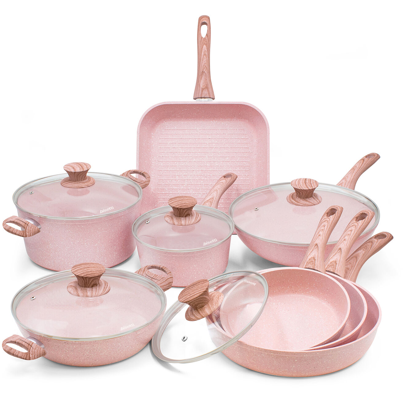 Batterie de cuisine induction en aluminium forgé Stonerose rose - 13 pièces