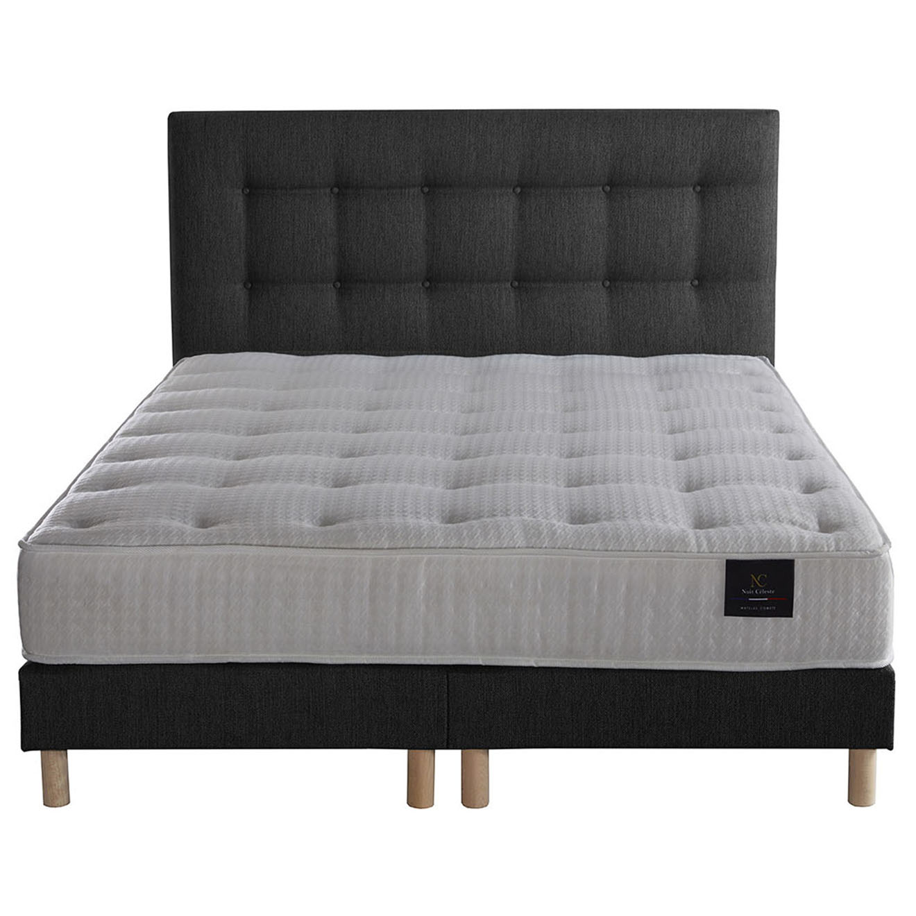 Nuit Céleste - Ensemble Comète Matelas ressorts ensachés + 2 Sommiers + Tête de lit capitonnée gris anthracite - 180x200 cm