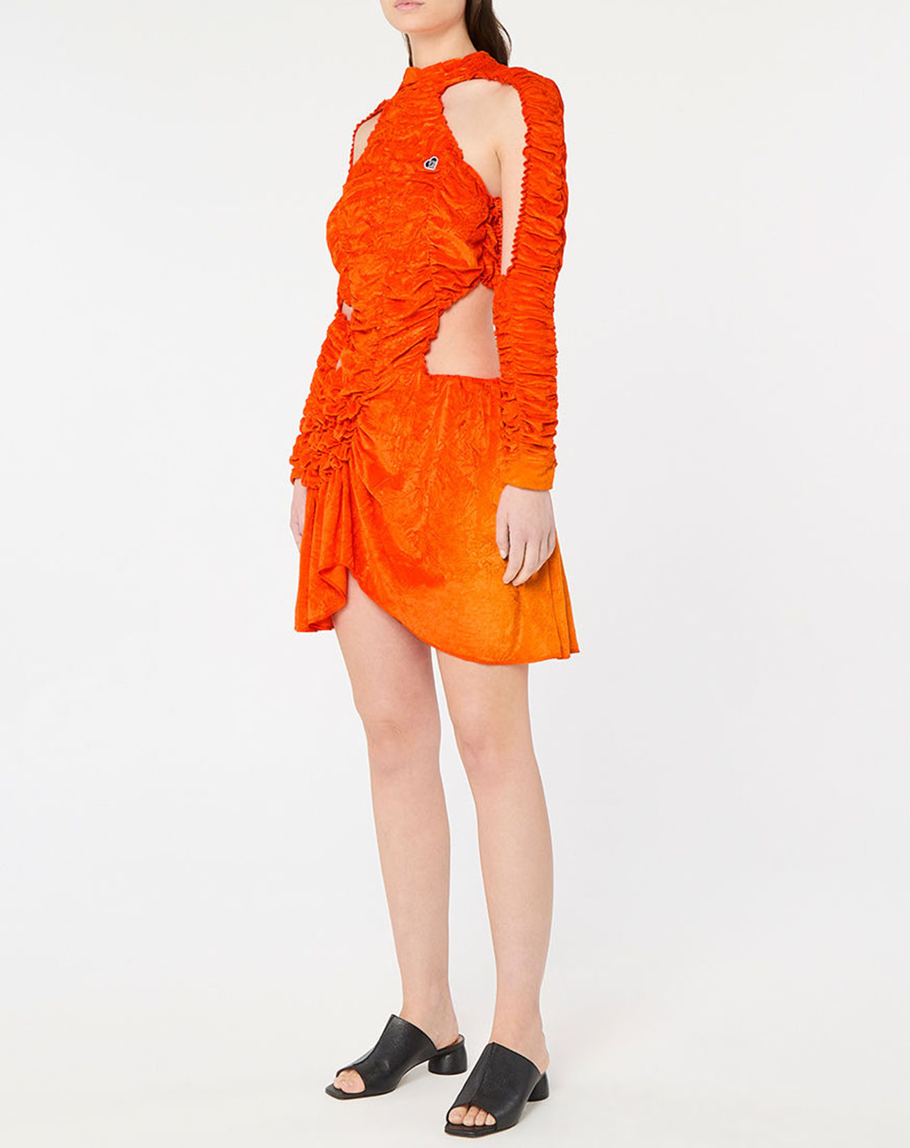 ester manas - robe en velours extensible ruched cut out orange