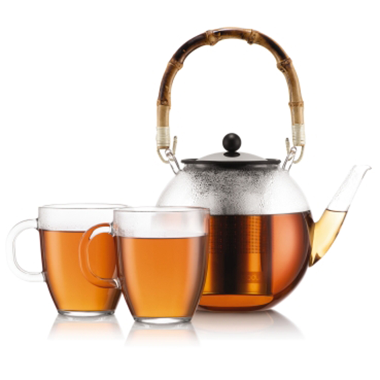 Bodum - Théière à piston couvercle et filtre anse bambou + 2 mugs en verre trempé Assam transparente - 1L