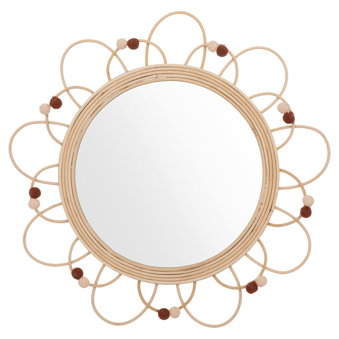 Atmosphera - Miroir rotin Pompons beige - D.38x1.5 cm