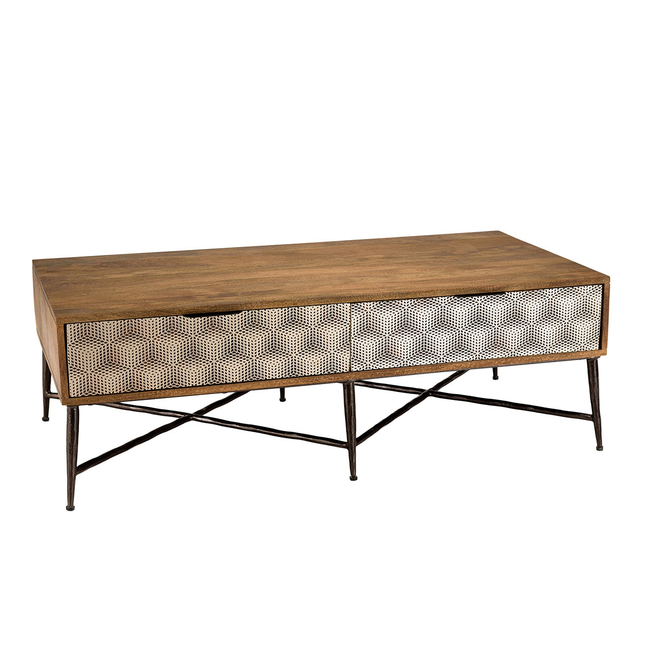 Macabane - Table basse en bois de manguier 2 tiroirs Alix marron - 128x65x46 cm