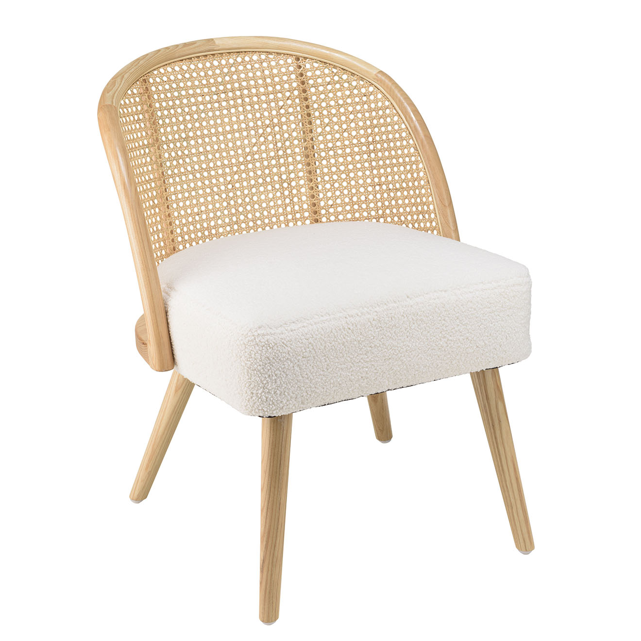 Macabane - Chaise basse en bois d'Hévéa tissu bouclette Albane blanche - 55x62x71 cm