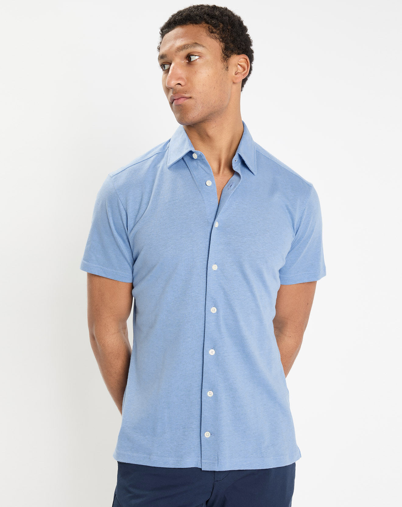 hackett london - chemise en lin & coton slim fit manches courtes tricot bleu moyen