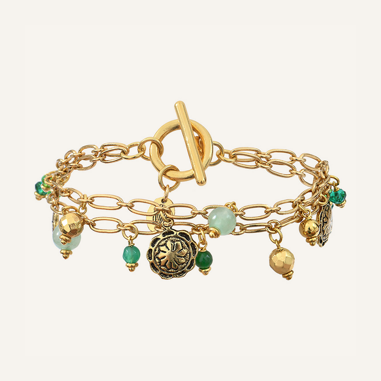 Reminiscence - Bracelet Amazones Jade, Aventurine & Agate doré/vert