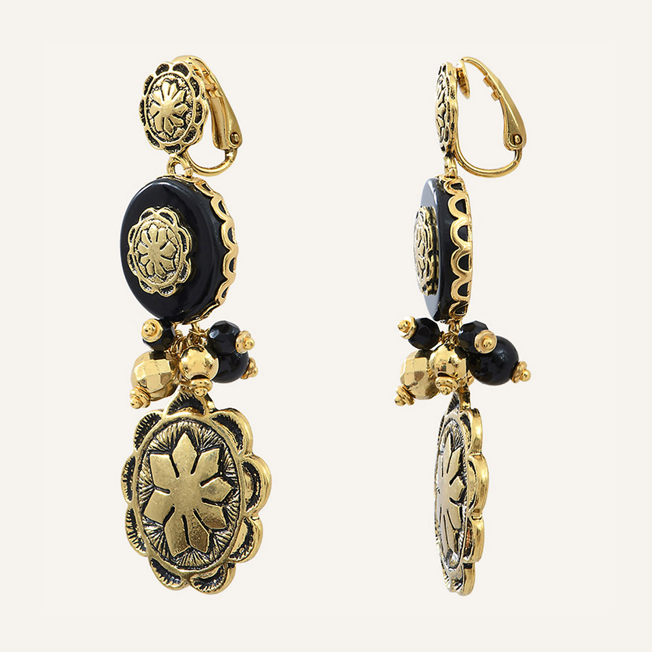 Reminiscence - Boucles d'oreilles Amazones Agate doré/noir