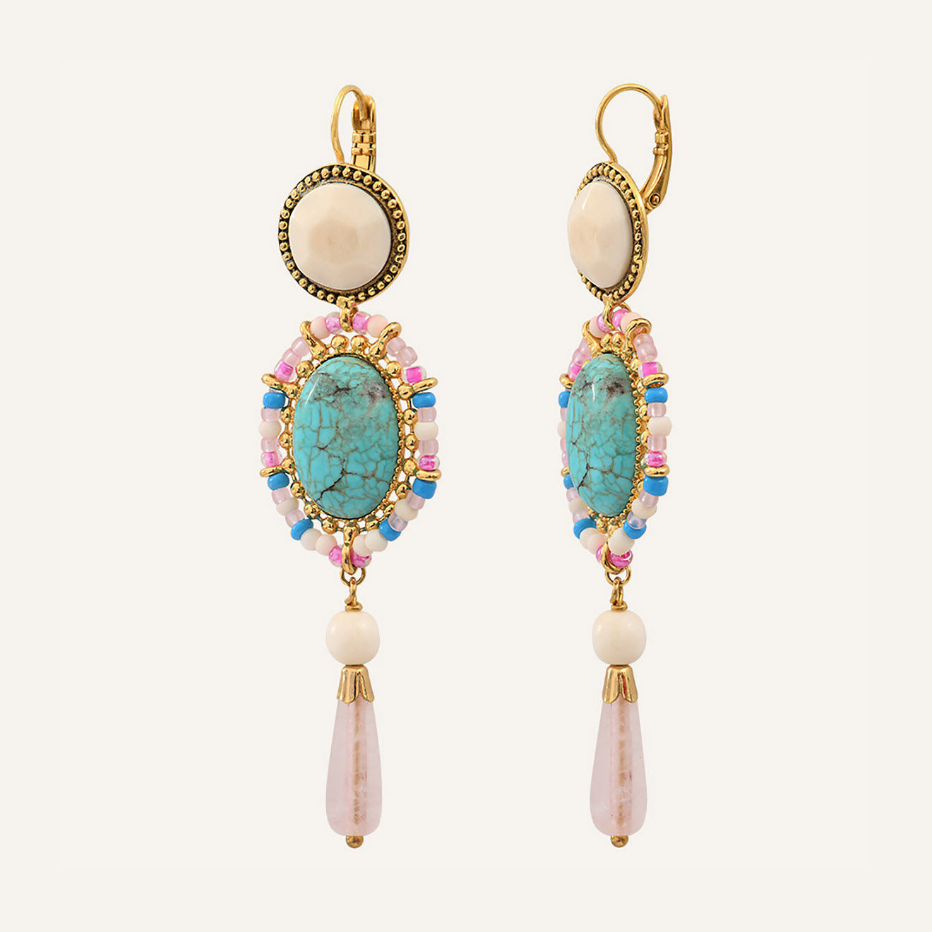 Reminiscence - Boucles d'oreilles Lucky Charms Quartz & Howlite dorées