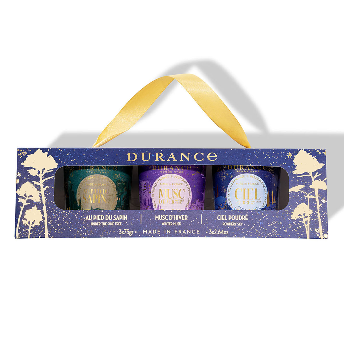 Durance - Coffret 3 bougies parfumées : Sapin, Ciel Poudré, Musc d'Hiver - 1 mèche 20h