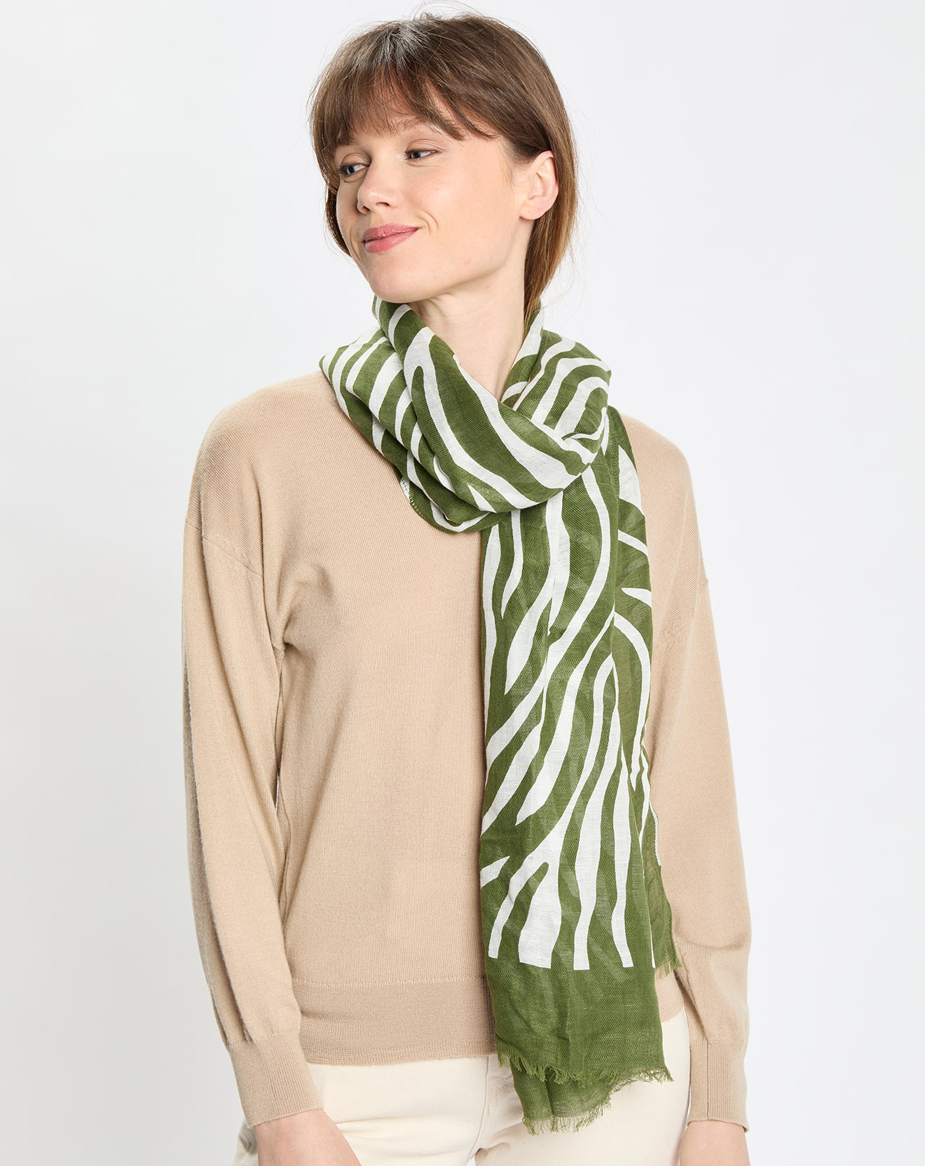 caroll - foulard en lin & coton zolanda zébré vert kaki - 70x180 cm