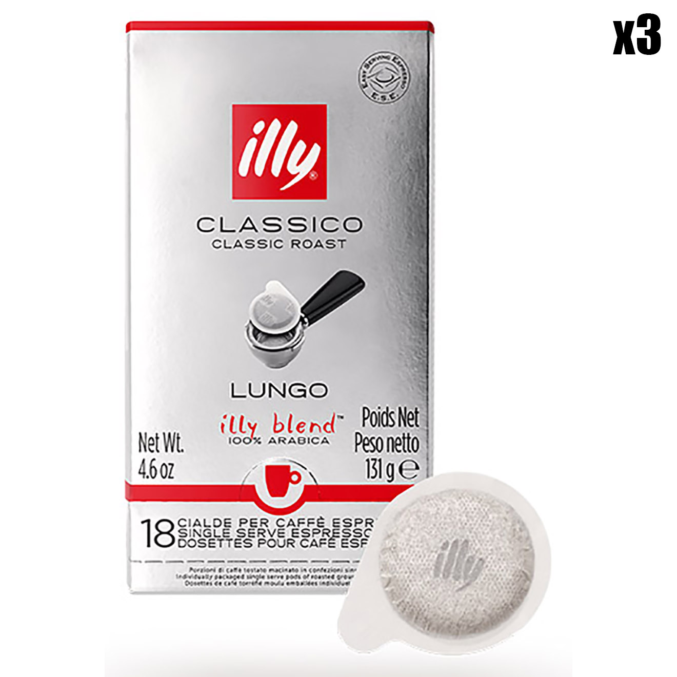 Illy - 3 Boîtes de 18 Dosettes E.S.E Torréfaction Classique Lungo - 3x131 gr