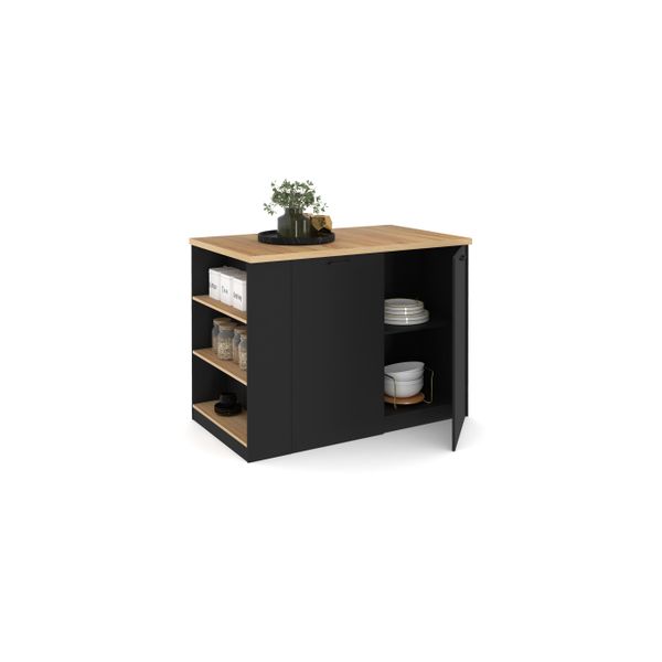 Idomya Factory - Ilot central de cuisine Dario L120cm bois et noir avec rangements