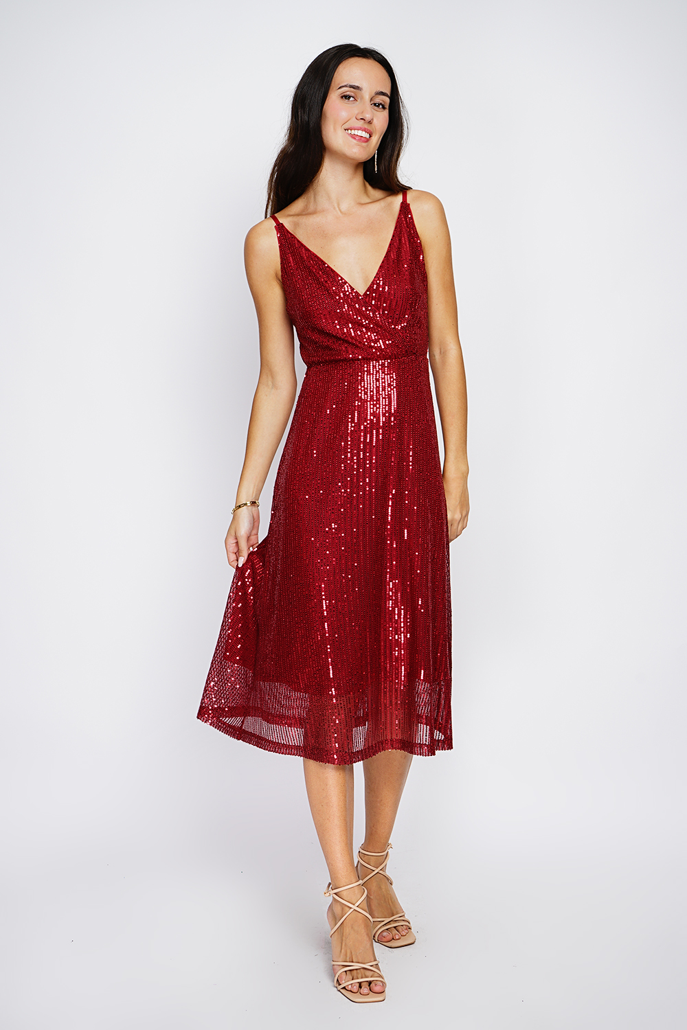 Assuili - Robe longue cache-cœur à paillettes bordeaux