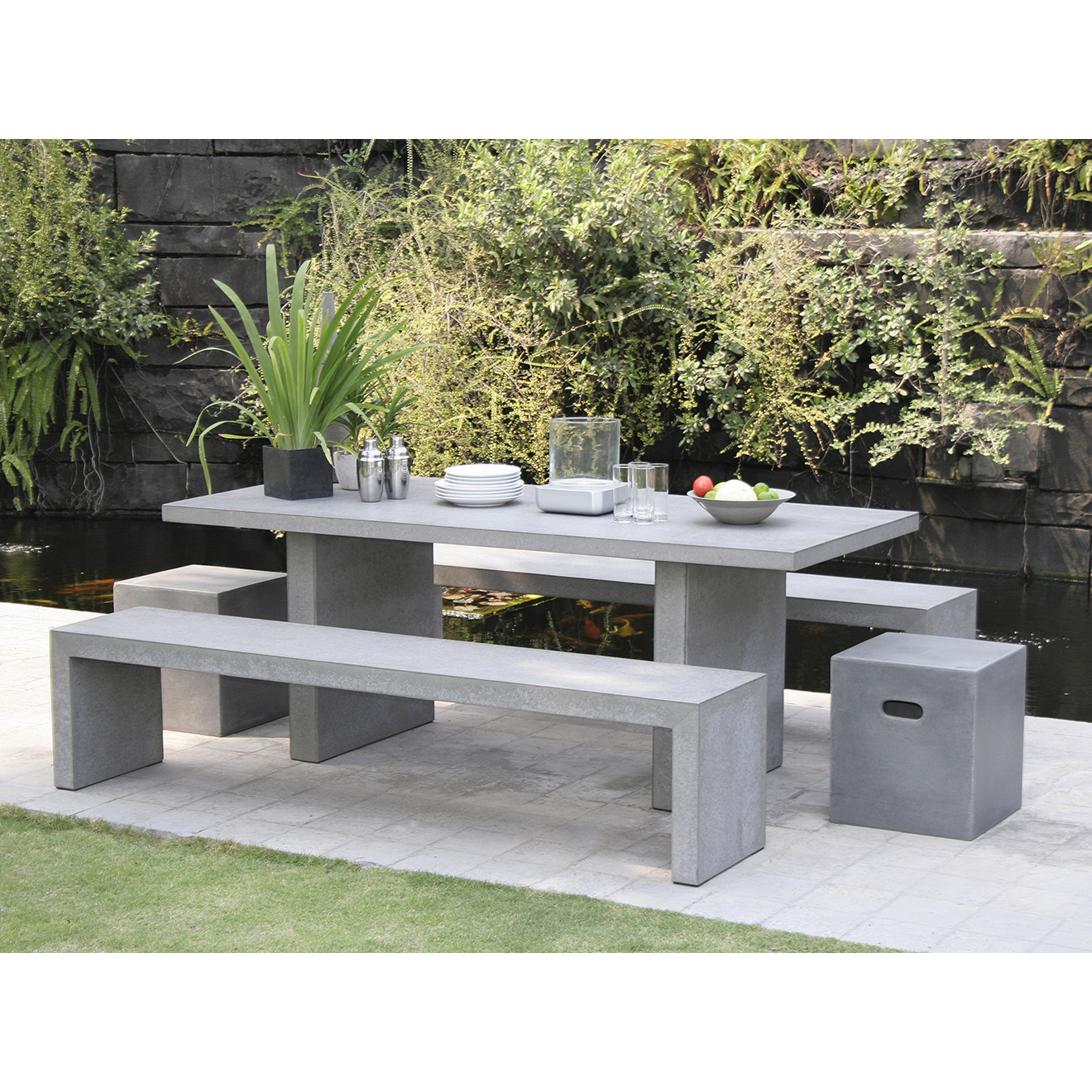 Ensemble 1 table rectangulaire + 2 bancs Hector gris - 200x90x75 cm