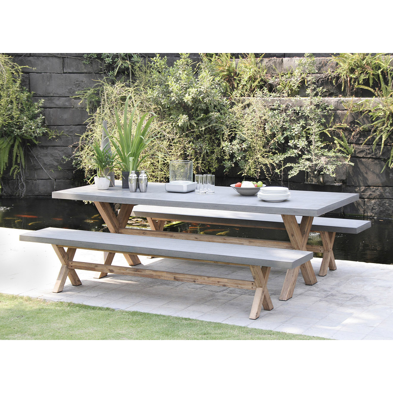 Ensemble 1 table rectangulaire + 2 bancs Hector gris/marron - 200x100x75 cm