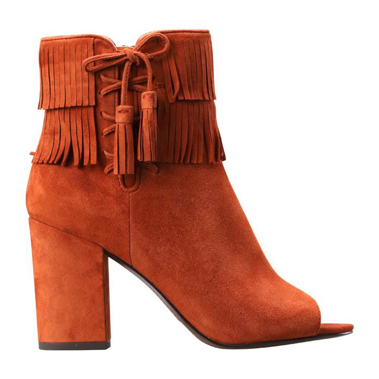 Bottines open-toe à frange en velours de Cuir camel Talon 8.5 cm