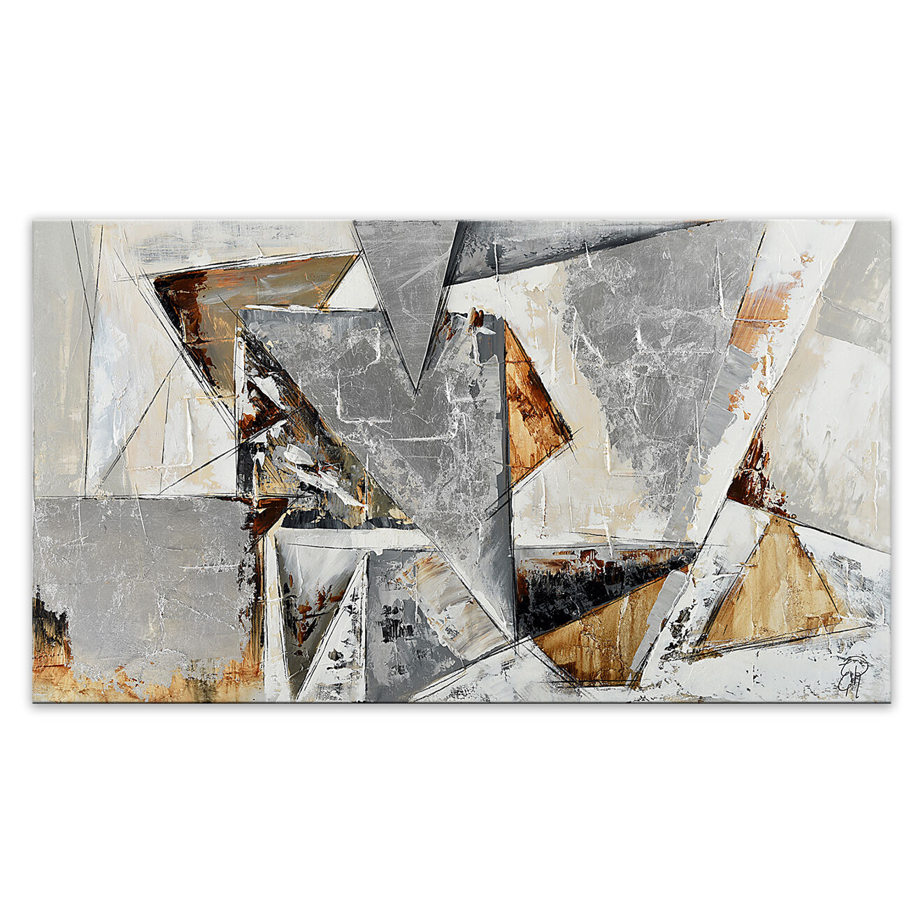 Arte dal Mondo - Tableau abstrait peint à la main Triangles gris/blanc/écru - 80x140 cm