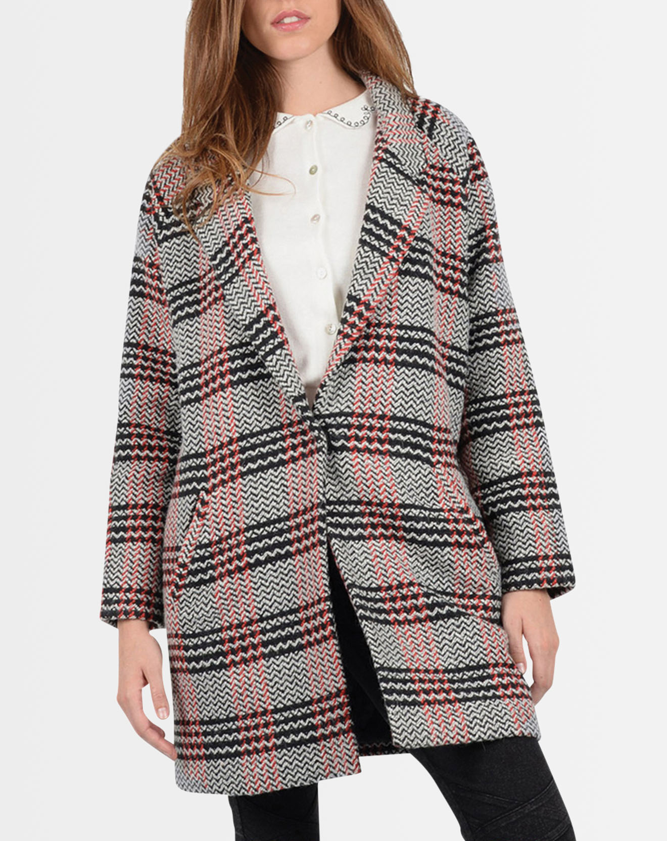 Manteau à larges carreaux gris/noir/rouge